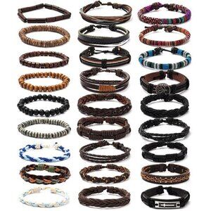 Braided Leather Bracelets Set Wood Bead Wrap Bracelet Adjustable Tribal Style